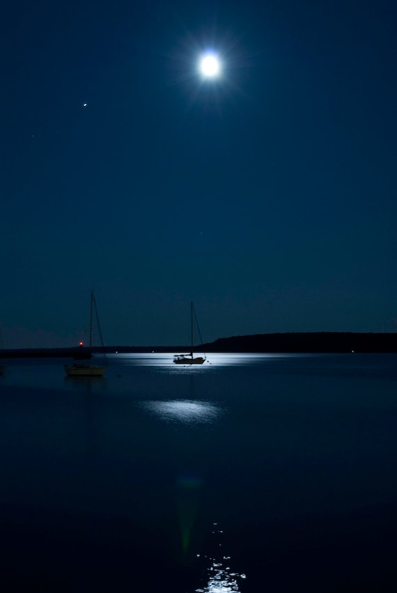 Mackinac Island Sailboat Print: Night Photography, Coastal Wall Art, Moon Photograph