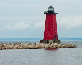 Impression phare Manistique : oeuvre d'art murale lac Michigan