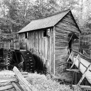 Cades Cove Mill Digital Download Art Water Wheel Photo Black and White Tennessee Photograph Cades Cove Mill print Gifts for Him Gift for Her