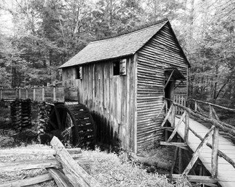 Cades Cove Mill Photo: Black and White Tennessee Print (Digital Download)