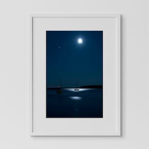 Blue wall art print of sailboat in the moonlight. Coastal photography print. Michigan photography. Photo taken from Mackinac Island in Michigan. Sailboat photography. Night photography print. Boat gifts for men. Man gift.