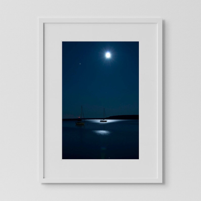 Blue wall art print of sailboat in the moonlight. Coastal photography print. Michigan photography. Photo taken from Mackinac Island in Michigan. Sailboat photography. Night photography print. Boat gifts for men. Man gift.