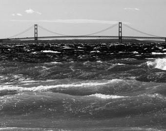 Mackinac Bridge Photographic Print, Black and White Photograph, Straits of Mackinac Print, Michigan Photography, Living Room Wall Art, Gift