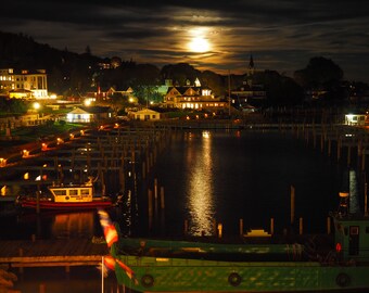 Mackinac Island Night Photography Art Print: Moonlit Harbor Cityscape