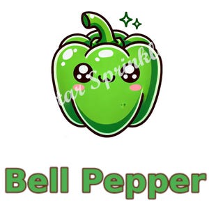 Może przedstawiać: Kreskówkowa ilustracja zielonej papryki z uśmiechającą się twarzą i błyszczącymi oczami. Pod obrazkiem widnieje napis "Bell Pepper".