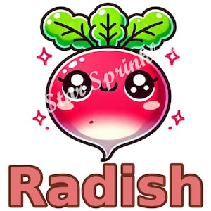 Puede incluir: Una ilustración de dibujos animados de un rábano rojo con una cara sonriente y ojos grandes. El rábano tiene hojas verdes y está rodeado de pequeñas estrellas blancas. La palabra "Rábano" está escrita en letras grandes de color rosa debajo del rábano.