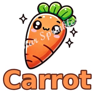 Puede incluir: Una ilustración de dibujos animados de una linda zanahoria naranja con una parte superior verde frondosa y estrellas brillantes. La palabra "Zanahoria" está escrita en letras naranjas debajo de la zanahoria.
