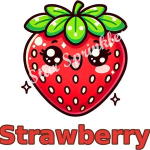 May include: A cartoon illustration of a red strawberry with a happy face and green leaves. The strawberry has a white background and the word "Strawberry" is written in red letters below the strawberry.