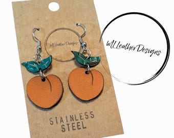 Genuine leather peach earrings