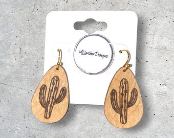 Laser engraved small teardrop cactus leather earrings