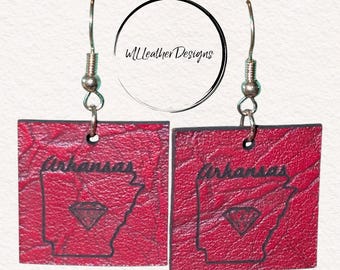 Laser engraved leather Arkansas earrings