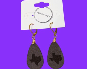 Laser engraved small leather Texas teardrop earrings