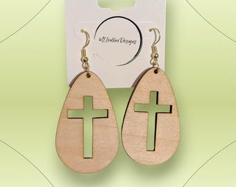 Laser engraved wooden cross earrings