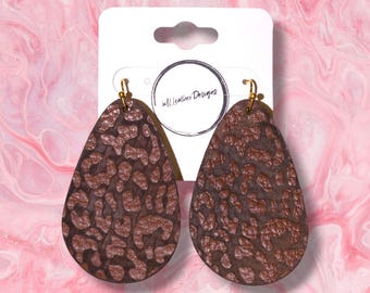 Laser engraved cheetah print teardrop earrings