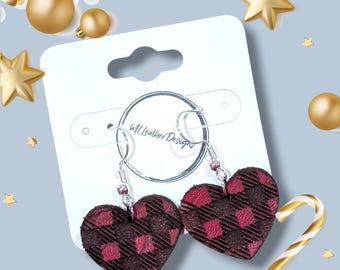 Laser engraved small leather plaid heart earrings