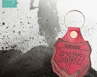 Laser engraved custom leather Motocross number plate keychain