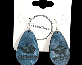 Laser engraved small Weatherford Kangaroos leather teardrop earrings