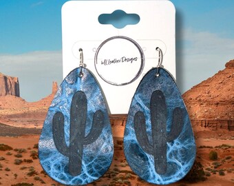 Laser engraved leather cactus teardrop earrings