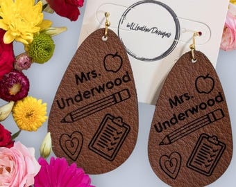 Laser engraved leather teacher earrings