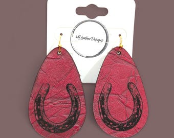 Laser engraved leather horseshoe teardrop earrings