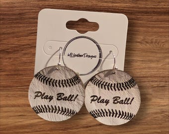 Laser engraved leather "Play Ball!" baseball earrings