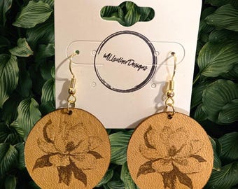 Laser engraved leather magnolia dangle earrings
