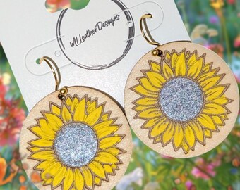 Hand painted sunflower earrings - laser engraved wood