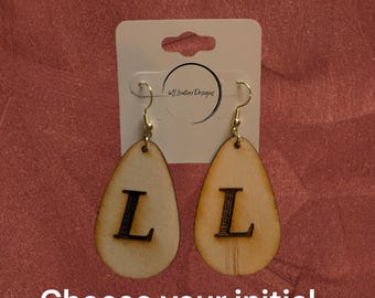 Laser engraved wooden letter initial earrings