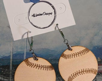 Laser engraved wooden baseball earrings