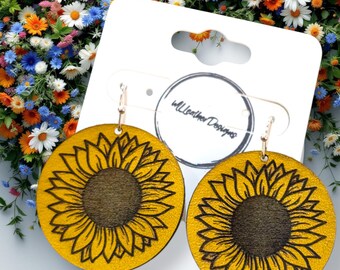 Laser engraved leather sunflower earrings