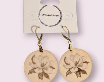 Laser engraved wooden magnolia flower earrings