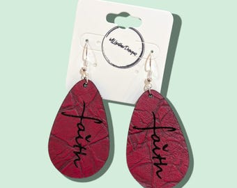 Laser engraved faith leather earrings