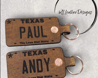 Laser engraved license plate keychains - genuine leather
