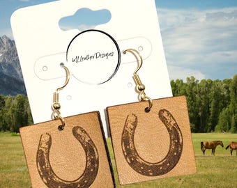 Laser engraved leather horseshoe earrings