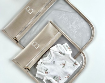 Personalized Hospital Bag Organizer Beige: Baby Clothes Waterproof Maternity Travel Pouch, Custom Baby Name