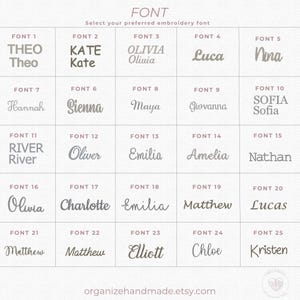 May include: A grid chart displaying twenty-five distinct embroidery font options labeled Font 1 through Font 25. Each cell features a name written in a specific typeface, ranging from block letters to cursive scripts. The text organizehandmade.etsy.com is at the bottom.