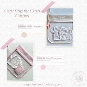 May include: Two clear storage bags for clothes, one beige and one soft pink. Each bag features a gold zipper pull, white zipper, and white embroidery. The beige bag is personalized with the name Jonah, and the pink bag with the name Mikayla.
