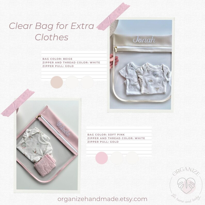 May include: Two clear storage bags for clothes, one beige and one soft pink. Each bag features a gold zipper pull, white zipper, and white embroidery. The beige bag is personalized with the name Jonah, and the pink bag with the name Mikayla.