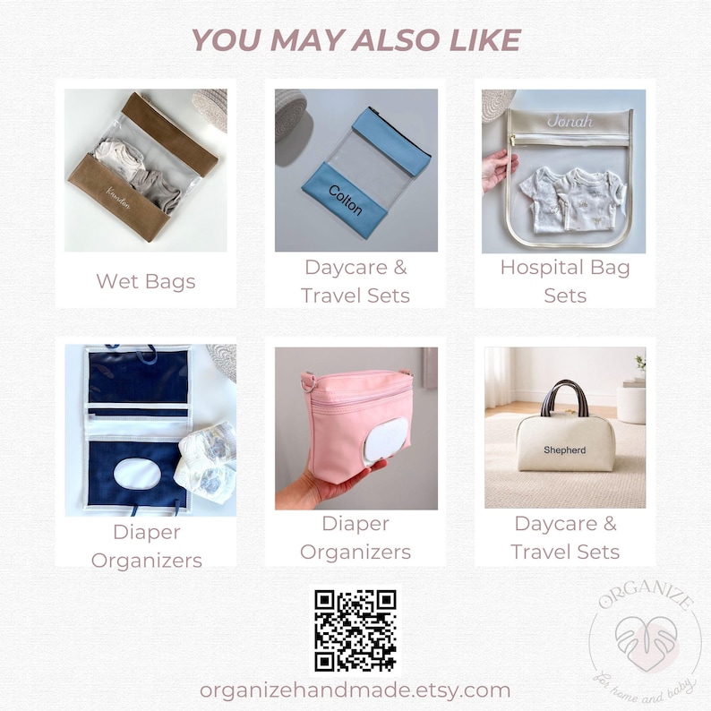 May include: A collection of personalized storage bags and organizers for baby items, including wet bags, clear travel pouches with names like Colton and Jonah, diaper organizers with wipe dispensers, and a beige travel bag labeled Shepherd.