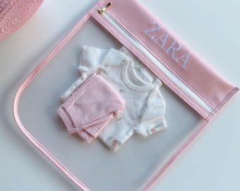 Personalized Baby Outfit Organizer, Waterproof Diaper Bag Pouch, Embroidered Name Bag Clear Wet Bag for Swimwear, Vacation Travel Organizer