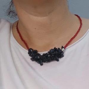 Red Boho Statement Necklace, Handmade Chunky Tribal Jewelry, Black Gem Beads, Unique Gift for Her, Festival Necklace