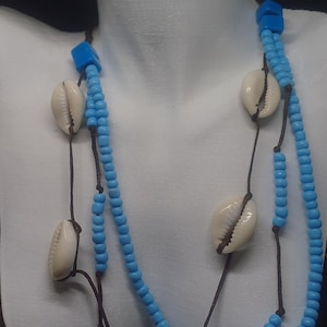 Cowrie Shell Necklace, Boho Beach Jewelry with Blue Beads, Handmade Tribal Necklace, Ocean-Inspired Festival Jewelry, Surfer Style Gift