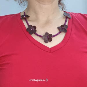Minimal Leather Flower Necklace, Handmade Brown Floral Choker with Purple Beads, Lightweight Statement Necklace, Gift for Her