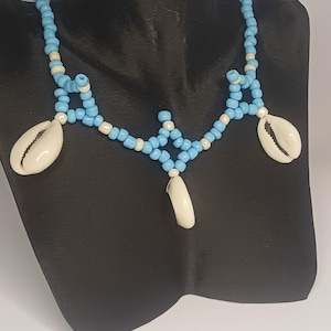 Cowrie Shell Beaded Necklace, Blue Seed Bead Beach Necklace, Boho Shell Jewelry, Handmade Summer Necklace, Ocean Vibe Gift