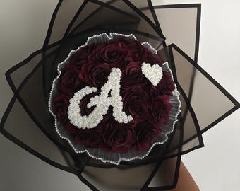 Personalized Eternal Rose Bouquet – Initial Monogram, Pearl Wrap