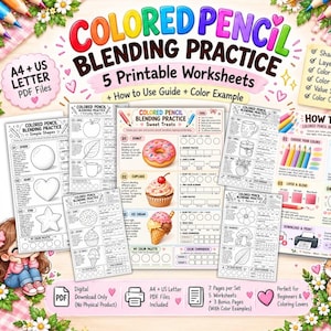 May include: A digital set of coloured pencil blending practice worksheets featuring five printable pages, a how-to guide, and colour examples. The sheets include line art of shapes, everyday objects, and sweet treats with text labels and colour palettes.