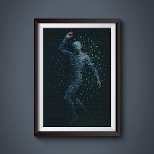 May include: A framed digital art print of a person made of binary code, with a dark background.