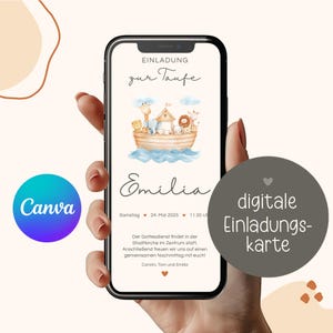 Digitale Einladungkarte Taufe, Arche Noah, Einladung zum Versenden per WhatsApp, ecard Taufe personalisierbar, Taufeinladung, Canva