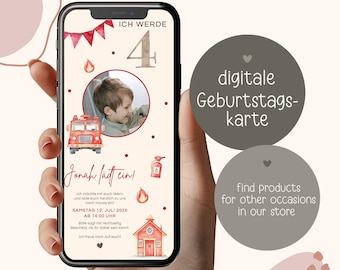 Digital fire brigade invitation children's birthday with photo, personalized WhatsApp e-card for boys & girls 1-6 years birthday invitation