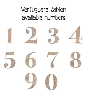 May include: Watercolor-style numbers 0-9 in a neutral beige hue, displayed against a white background. The text "Verf&uuml;gbare Zahlen available numbers" is at the top. Each number has a unique, elegant font.